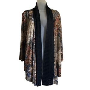 Easywear by Chico's Patchwork Print Open Front‎ Cardigan Black Multi Size 3 L XL